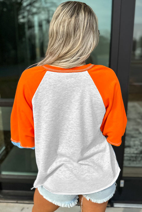 Sequin Turkey Graphic Color Block Raglan Long Sleeve Curved Hem Tee